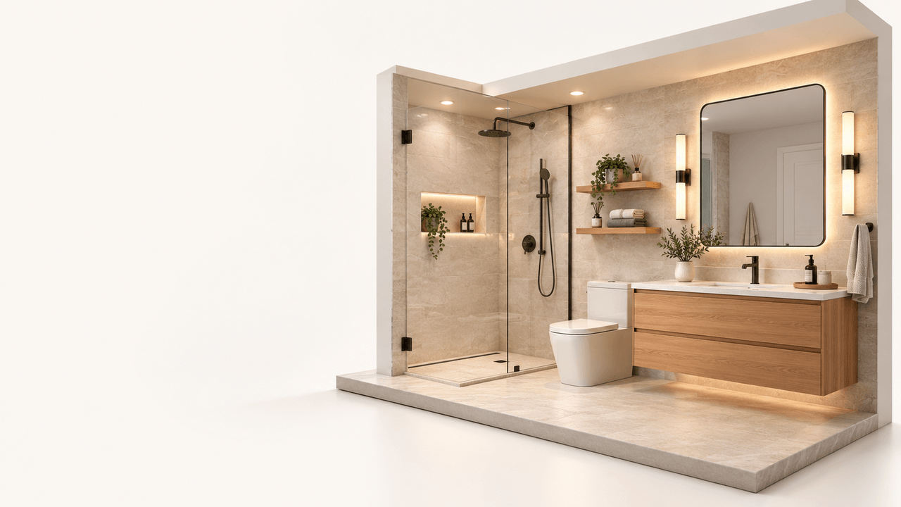 Illustrative 3D cutaway of a contemporary bathroom with a walk-in glass shower, wall-hung timber vanity and backlit mirror.