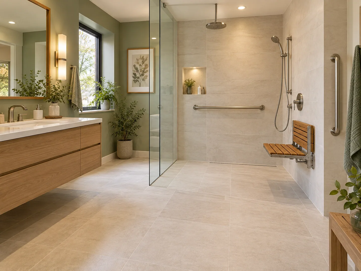 A step-free shower whose tiled floor runs unbroken from the room, with a stainless grab rail, a folding teak seat, a handheld shower on a rail, a glass panel, sage-green walls and a floating oak vanity.