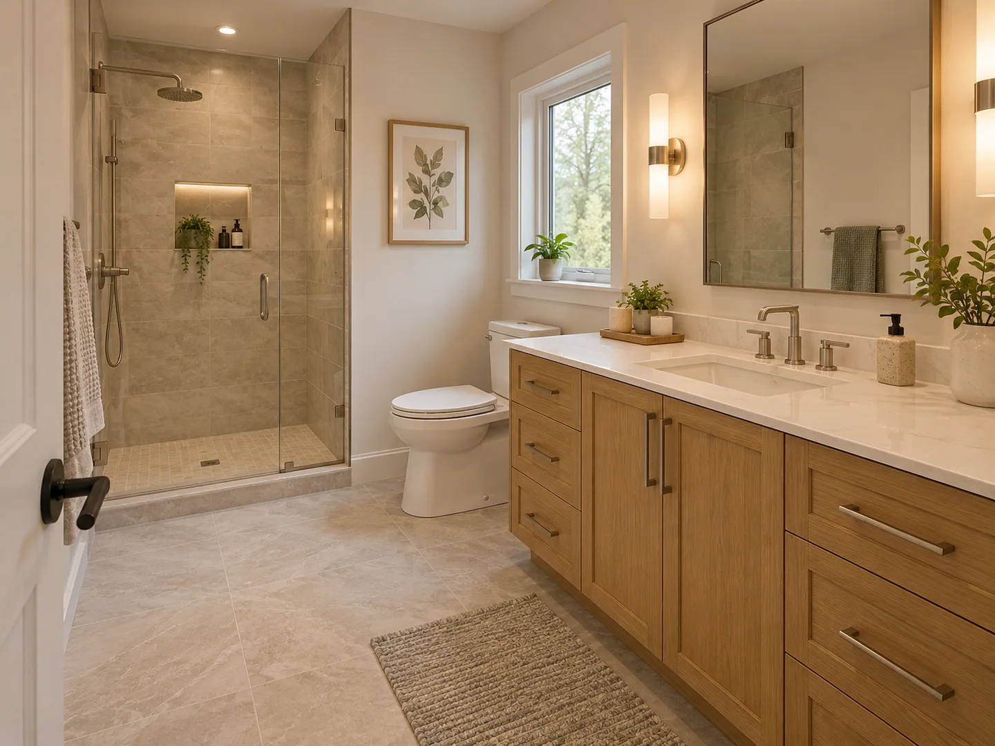 A bathroom seen from the doorway after a full renovation: a glass shower on the left, a toilet under the window, and an oak vanity with a stone top and a tall mirror on the right.