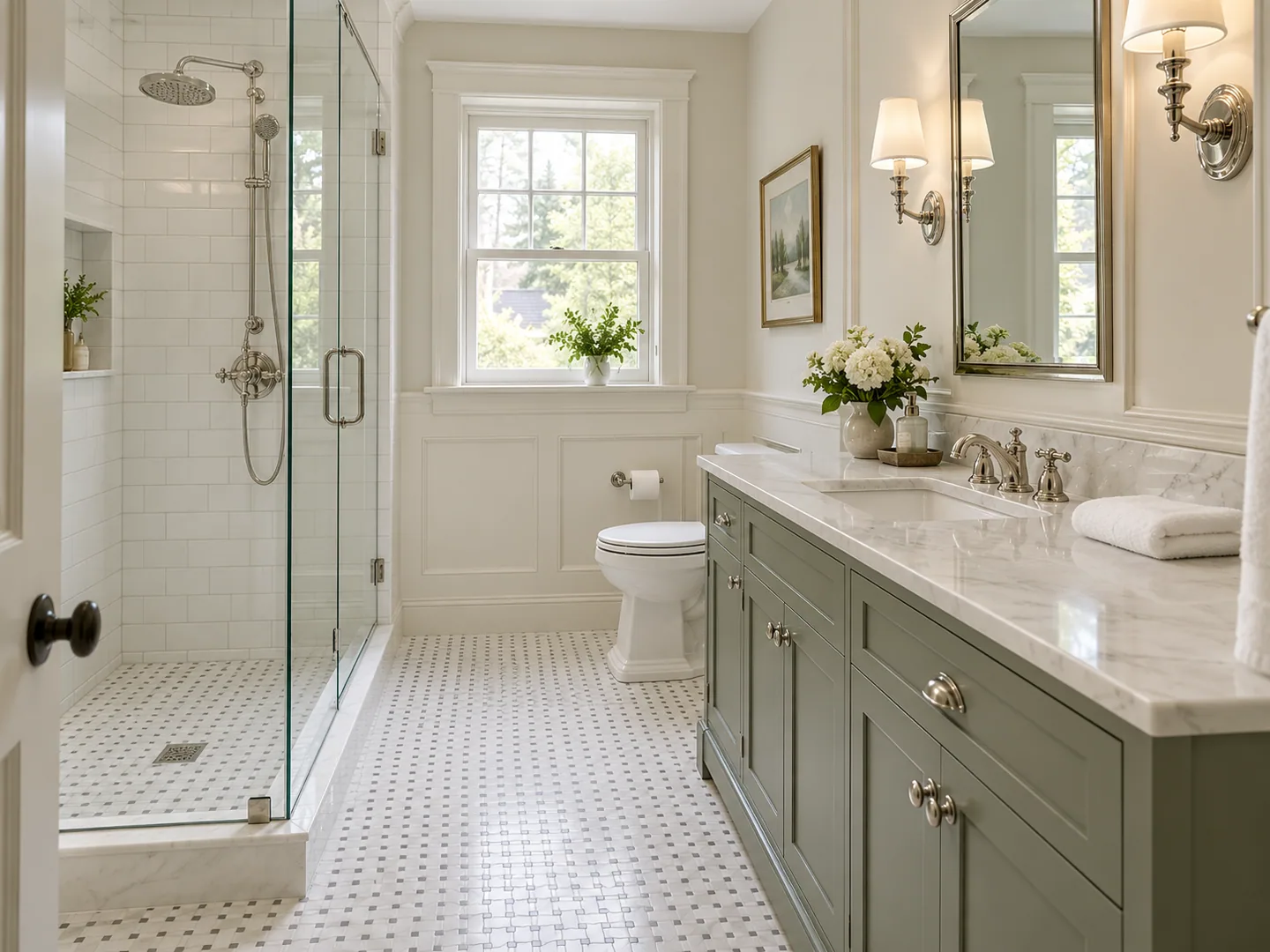 A classic bathroom with a sage-green Shaker vanity, a marble top, polished nickel fittings, a framed mirror, shaded wall lights, white subway tile in the shower and small mosaic floor tile.