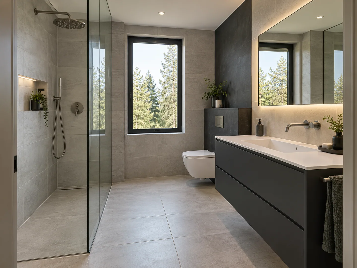 A contemporary bathroom with a charcoal floating vanity, a long illuminated mirror, large-format grey tile, a wall-hung toilet, a black-framed window and a frameless glass shower.