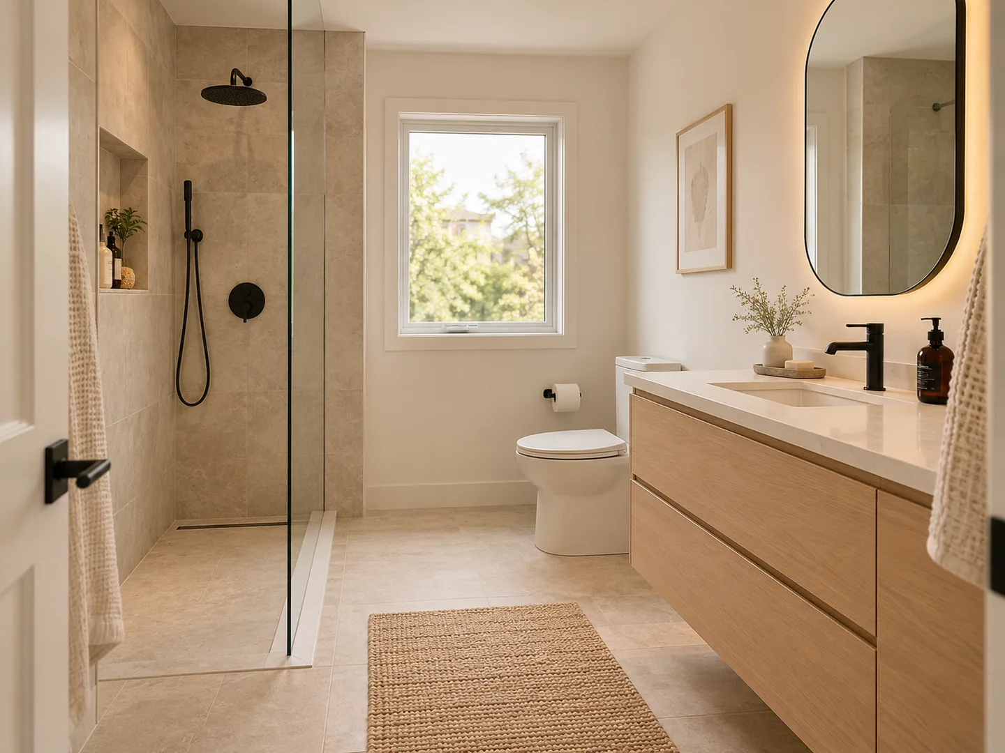 A sand and beige bathroom with a floating pale-oak vanity, matte black fittings, a rounded backlit mirror and a window at the far end.