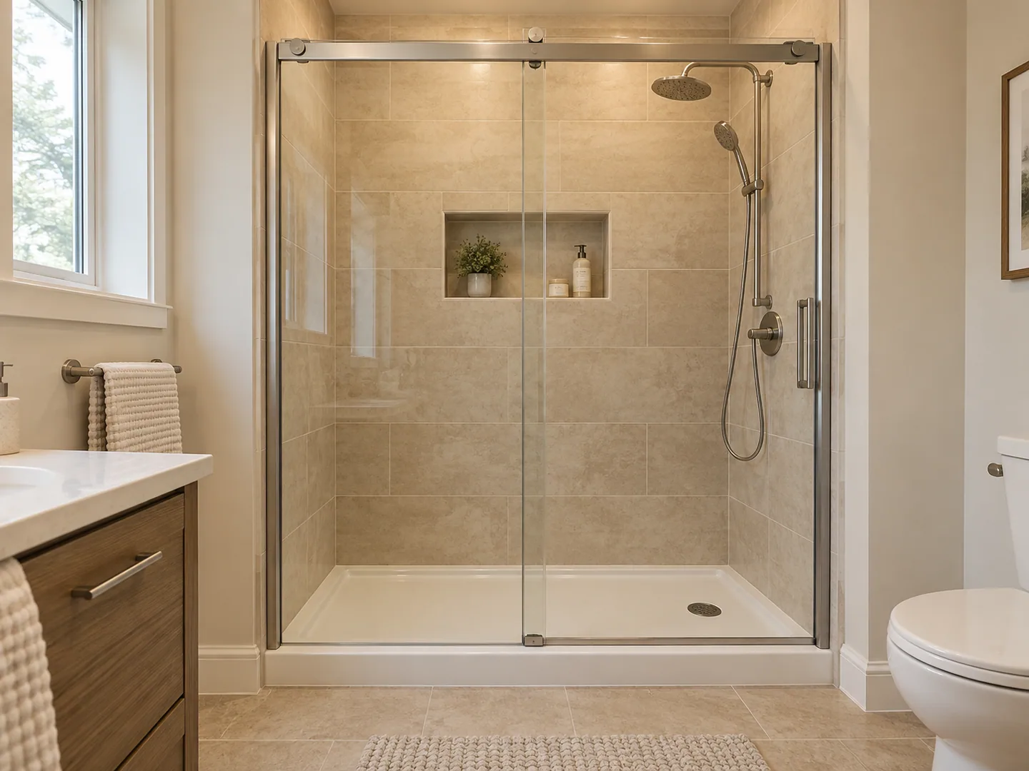 A walk-in shower in a beige-tiled alcove with a sliding glass enclosure, a white shower base and brushed nickel fittings, with a vanity to the left and a toilet to the right.